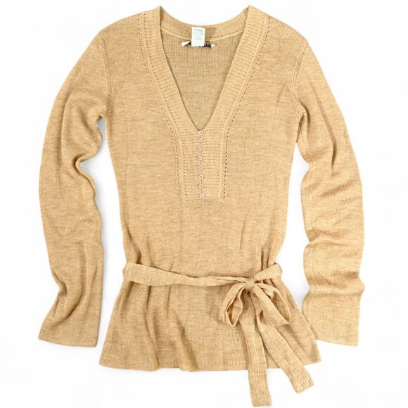 Susana Monaco Belted V-Neck Wool Sweater QuietLuxury L Camel Buttons Pointelle - Picture 6 of 12